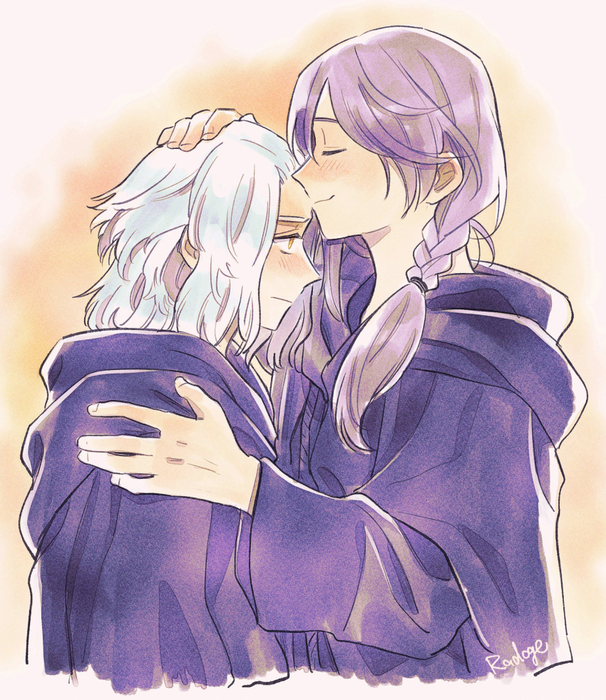 2boys artist_name braid closed_eyes emet-selch final_fantasy final_fantasy_xiv from_side hand_on_another&#039;s_head hand_on_another&#039;s_shoulder highres hythlodaeus kiss kissing_forehead light_blush male_focus medium_hair multiple_boys profile purple_hair purple_robe radoge14 robe side_braid signature single_braid smile sophist&#039;s_robe_(ff14) upper_body white_hair yaoi yellow_background yellow_eyes