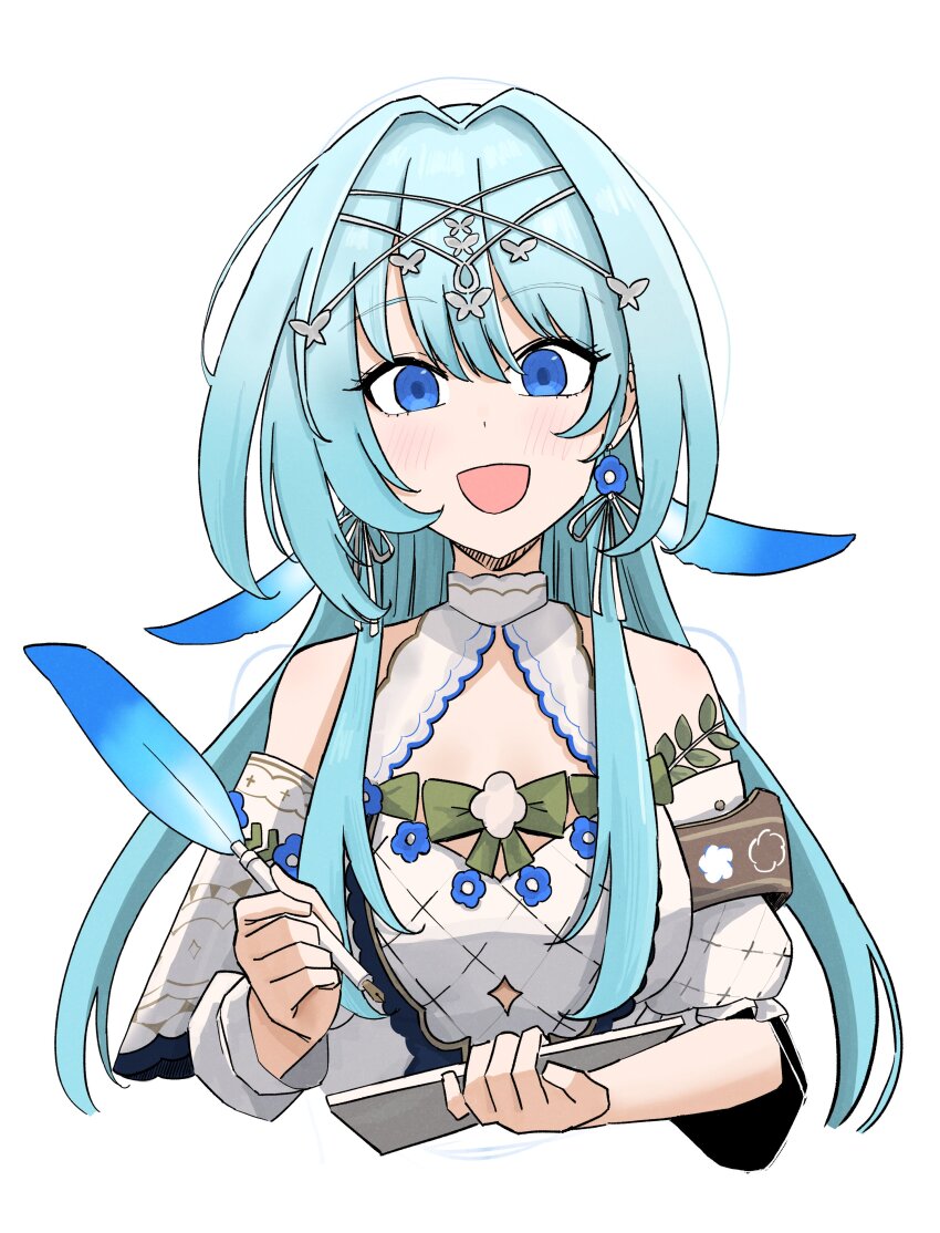 1girl :d absurdres armband asymmetrical_sleeves bare_shoulders blue_eyes blue_feathers blue_flower blue_hair blush bow bowtie breasts brown_armband clothing_cutout cropped_torso detached_sleeves earrings feather_hair_ornament feathers flower flower_earrings flower_trim green_bow green_bowtie hair_intakes hair_ornament halterneck hashtag-only_commentary head_chain highres holding holding_quill indie_virtual_youtuber isayshow jewelry long_hair looking_at_viewer medium_breasts open_mouth quill quilted_clothes ribbon ribbon_earrings shiratori_rena simple_background smile solo straight-on virtual_youtuber voice-ore white_background white_ribbon