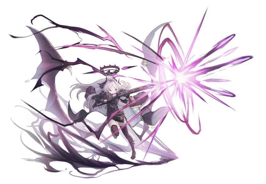 1girl absurdres ahoge belt black_belt black_footwear black_gloves black_thighhighs blue_archive coat coat_on_shoulders demon_wings einheadt extended_barrel firing full_body fur-trimmed_coat fur_trim gloves gun halo highres hina_(blue_archive) holding holding_gun holding_weapon horns oversized_wings layered_clothes leg_up long_hair looking_to_the_side low_wings machine_gun mg42 military military_uniform miniskirt multiple_horns open_clothes open_coat parted_bangs purple_coat purple_eyes simple_background skirt solo thighhighs weapon white_background white_hair wings zettai_ryouiki
