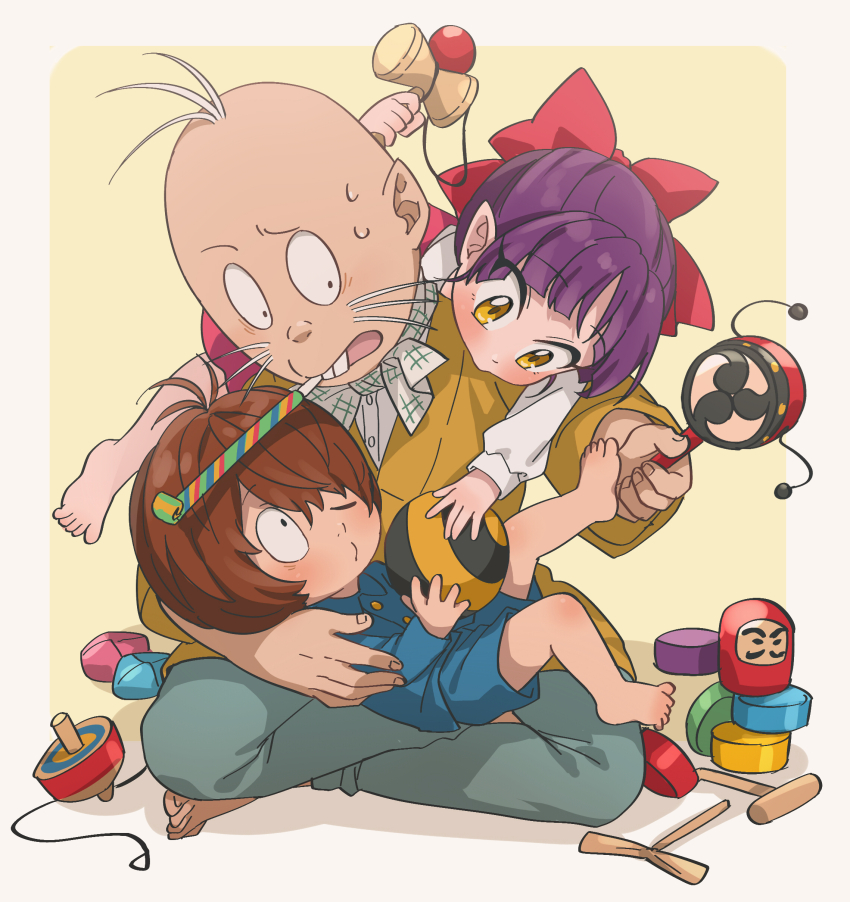 ._. 1girl 2boys absurdres aged_down alternate_costume bald ball brown_hair commentary_request gegege_no_kitarou highres holding holding_ball kitarou missing_eye multiple_boys nekomusume nekomusume_(gegege_no_kitarou_6) nezumi_otoko on_lap on_shoulder purple_hair short_hair silanduqiaocui toy whiskers yellow_eyes