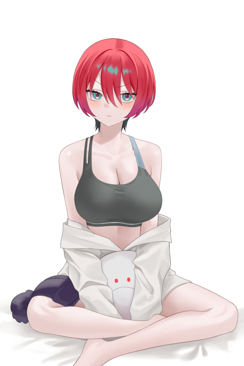 1girl absurdres amate_yuzuriha aqua_eyes beanie bed_sheet blush breasts brown_sports_bra cleavage closed_mouth collarbone commentary_request gfpebs gundam gundam_gquuuuuux hair_between_eyes haro hat highres indian_style large_breasts legs looking_at_viewer off_shoulder red_hair shirt short_hair simple_background sitting sports_bra unworn_hat unworn_headwear v-shaped_eyebrows white_background white_shirt