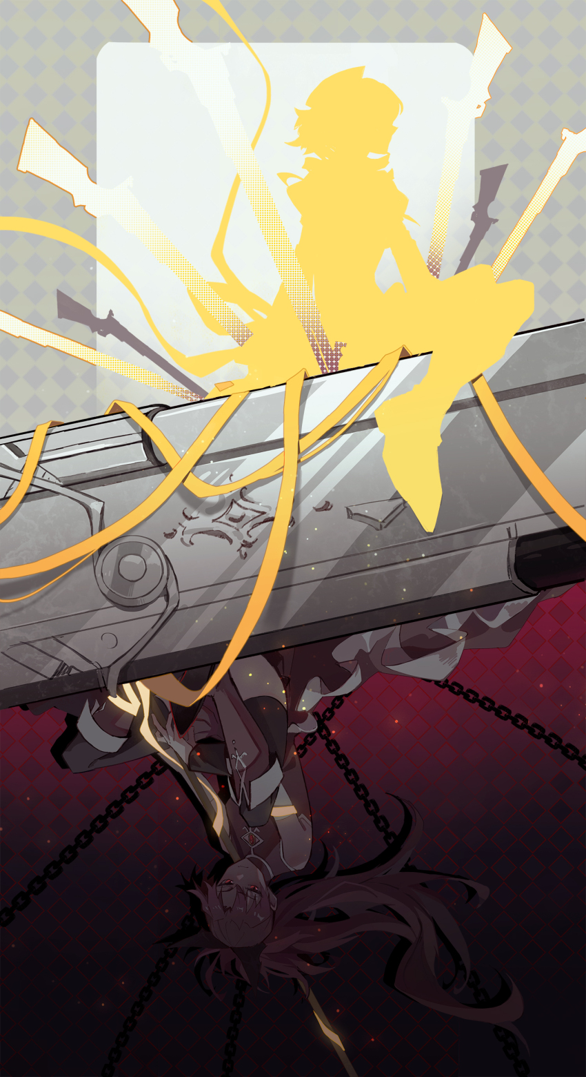 2girls abstract_background absurdres black_gloves black_ribbon boots breasts brown_skirt chain closed_mouth commentary corset detached_sleeves die_(die0118) drill_hair elbow_gloves fingerless_gloves full_body fur_trim gem gloves gun hair_ornament hair_ribbon halftone hat high_collar highres knee_boots large_breasts long_hair looking_to_the_side magical_girl magical_musket mahou_shoujo_madoka_magica mahou_shoujo_madoka_magica_(anime) medium_hair multiple_girls neck_ribbon parted_bangs ponytail puffy_short_sleeves puffy_sleeves red_boots red_eyes red_gemstone red_hair ribbon sakura_kyoko sakura_kyoko_(magical_girl) shirt short_sleeves silhouette sitting skirt sleeveless swept_bangs thighhighs tomoe_mami tomoe_mami_(magical_girl) twin_drills upside-down weapon white_gloves white_ribbon wrist_cuffs yellow_boots yellow_eyes yellow_gemstone yellow_ribbon