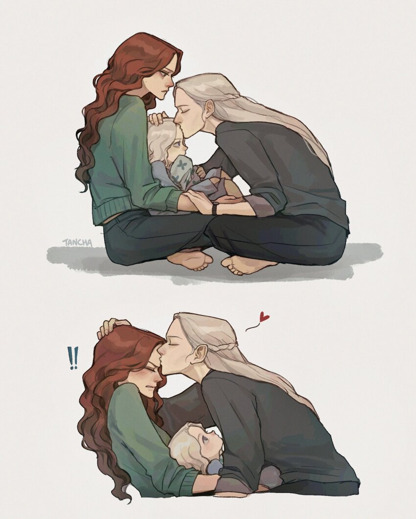 ! !! 1boy 2girls a_song_of_ice_and_fire aegon_ii_targaryen alicent_hightower artist_name barefoot blush brother_and_sister brown_hair child closed_eyes commentary contemporary english_commentary from_side full_body green_sweater grey_hair half-brother_and_half-sister half-siblings hand_on_another&#039;s_head heart highres house_of_the_dragon kiss kissing_forehead long_hair long_sleeves looking_at_another mother_and_son multiple_girls profile rhaenyra_targaryen siblings sitting sitting_on_lap sitting_on_person sweater tcn_tancha toes watch wristwatch