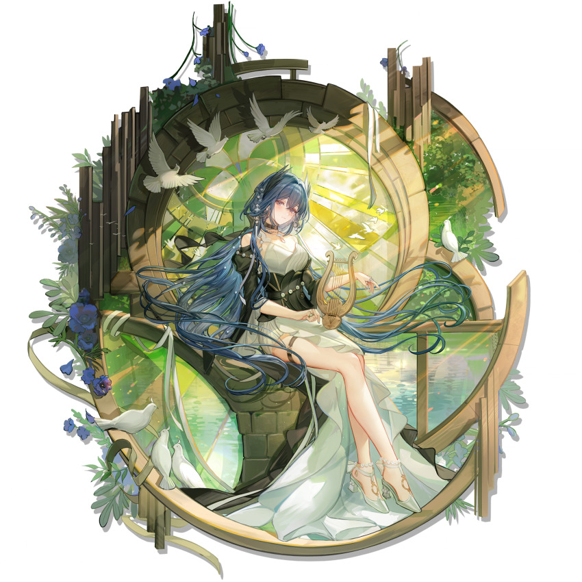 1girl arknights asymmetrical_dress bare_legs bead_necklace beads bird bird_girl black_choker black_sleeves blue_hair blue_nails blush cantabile_(arknights) cantabile_(bard_by_the_lake)_(arknights) choker corset detached_sleeves dove dress earrings feather_hair floating_hair flower full_body hair_between_eyes hair_intakes high_heels highres holding holding_instrument holding_lyre instrument jewelry lake light_smile long_hair looking_at_viewer lyre multiple_rings nail_polish necklace o-ring o-ring_choker o-ring_thigh_strap official_alternate_costume official_art pearl_anklet pearl_hair_ornament pearl_ring plant purple_flower ring side_slit sitting solo stained_glass thigh_strap transparent_background wenquangua white_dress