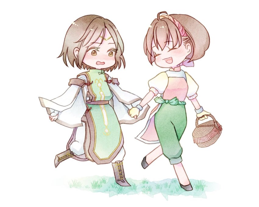 1boy 1girl black_footwear bluelimbo8888 blush brown_eyes brown_footwear brown_hair closed_eyes flats gensou_suikoden gensou_suikoden_ii grass green_pants green_tunic hairband holding_hands luc_(suikoden) nanami_(suikoden) open_mouth pants pink_hairband pink_shirt puffy_short_sleeves puffy_sleeves shirt short_hair short_sleeves smile tunic waist_cape wavy_mouth white_background white_pants wide_sleeves
