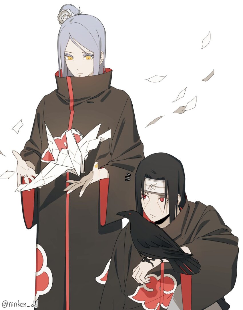 1boy 1girl akatsuki_uniform bird bird_on_hand black_hair closed_mouth crow expressionless eyeshadow floating forehead_protector friends headband highres kneeling konan_(naruto) konohagakure_symbol long_hair looking_to_the_side looking_up makeup naruto_(series) naruto_shippuuden ningyeon notice_lines origami paper paper_crane parted_bangs purple_eyeshadow purple_hair red_eyes robe shade shadow simple_background standing surprised twitter_username uchiha_itachi upper_body white_background yellow_eyes