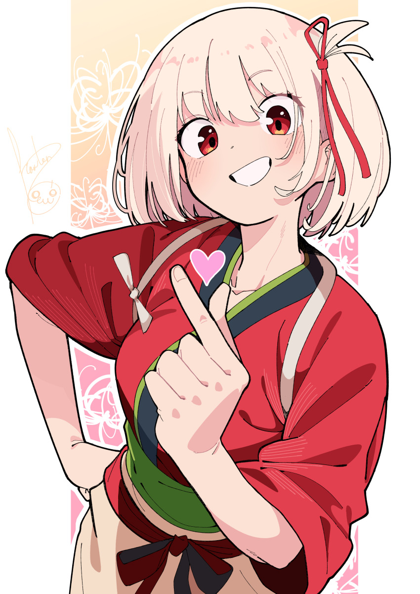 1girl absurdres apron blonde_hair breasts finger_heart grin hair_ribbon hand_on_own_hip hanten_(hantennano) heart highres japanese_clothes kimono lycoris_recoil nishikigi_chisato obi red_eyes red_kimono red_ribbon ribbon sash short_hair smile solo teeth upper_body