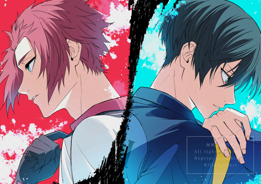 2boys aqua_eyes artist_name black_gloves black_hair blue_lock commentary_request english_text expressionless from_side gloves highres itoshi_rin itoshi_sae lllou_illust male_focus multiple_boys parted_lips portrait short_hair soccer_uniform split_screen sportswear teeth twitter_username watermark