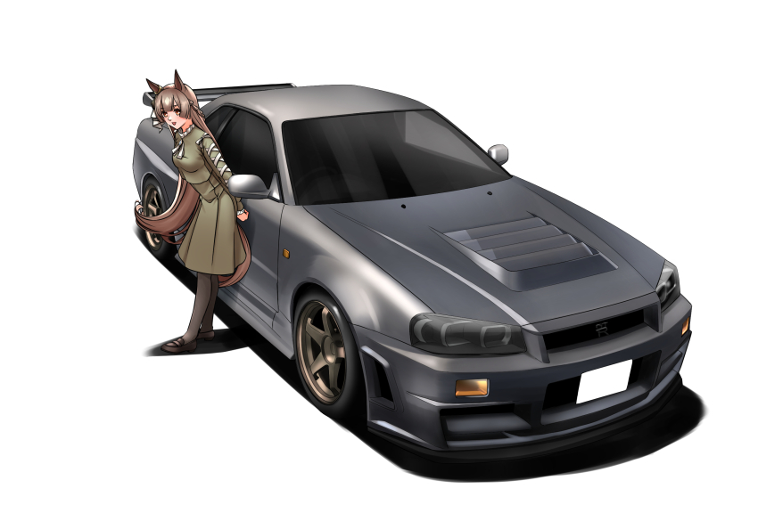 1girl animal_ears black_pantyhose black_shoes braid breasts brown_hair floating_hair green_hair green_skirt half_up_braid highres horse_ears horse_girl horse_tail long_hair medium_breasts nissan_skyline nissan_skyline_gt-r nissan_skyline_r34 open_mouth pantyhose satono_diamond_(umamusume) shadow shoes simple_background skirt smile solo spoiler_(automobile) tail threepitz umamusume vehicle_focus very_long_hair white_background