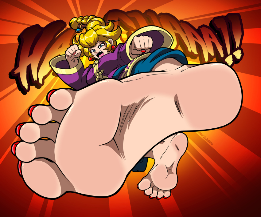 1girl barefoot blonde_hair english_text feet foot_focus foreshortening frown hair_ornament kicking kung_fu kung_fu_peach mario_(series) mostlyfunstuff nintendo princess_peach princess_peach:_showtime! shouting simple_background