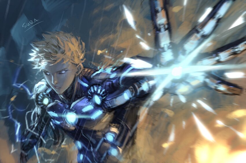1boy aiming aiming_at_viewer armor black_sclera blonde_hair blue_eyes blue_light colored_sclera cyborg electricity fire genos glint glowing hand_up highres male_focus one-punch_man open_hand outstretched_hand powering_up short_hair solo suracii upper_body