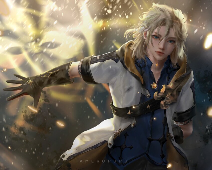 1boy albedo_(genshin_impact) ameropupu artist_name belt black_belt black_gloves black_pants blonde_hair blue_eyes blue_shirt breasts closed_mouth commentary english_commentary genshin_impact geo_symbol_(genshin_impact) gloves hair_between_eyes hand_in_pocket highres hood hooded_jacket jacket light_particles looking_at_viewer male_focus medium_breasts open_clothes open_jacket pants shirt short_sleeves solo sparkle star_(symbol) thick_lips upper_body vision_(genshin_impact) white_jacket