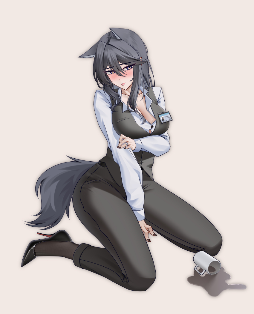 1girl :p absurdres alter_kamerade animal_ears arknights arm_under_breasts black_hair black_nails black_pants black_pantyhose black_shoes black_tail black_vest blush breasts character_name chinese_commentary closed_mouth collarbone commentary_request cup fingernails full_body grey_background hair_between_eyes hair_intakes hand_on_own_arm high_heels highres inset jewelry large_breasts long_hair long_sleeves looking_at_viewer mug multicolored_eyes nail_polish official_art_inset pants pantyhose partial_commentary patent_heels pumps purple_eyes red_soles ring shirt shoes simple_background sitting solo spill stiletto_heels tail texas_(arknights) tongue tongue_out two-tone_eyes variant_set vest wariza white_shirt wolf_ears wolf_girl wolf_tail yellow_eyes