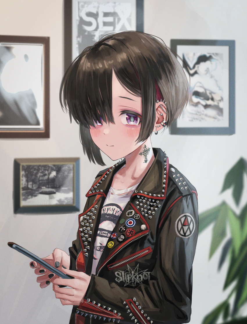 1girl absurdres bad_id bad_twitter_id band_shirt black_nails blush brown_hair cellphone child cross earclip earrings english_text evolution_(movie) female_focus gishiki_(gshk) goth_fashion goth_fashion hair_over_one_eye highres holding holding_phone indoors jacket jewelry leather leather_jacket looking_at_viewer merchandise multiple_earrings multiple_piercings nail_polish neck_tattoo open_clothes open_jacket original parted_bangs phone picture_frame pin purple_eyes sex_pistols short_hair shoulder_spikes slipknot smartphone solo spiked_jacket spikes tattoo the_who zipper