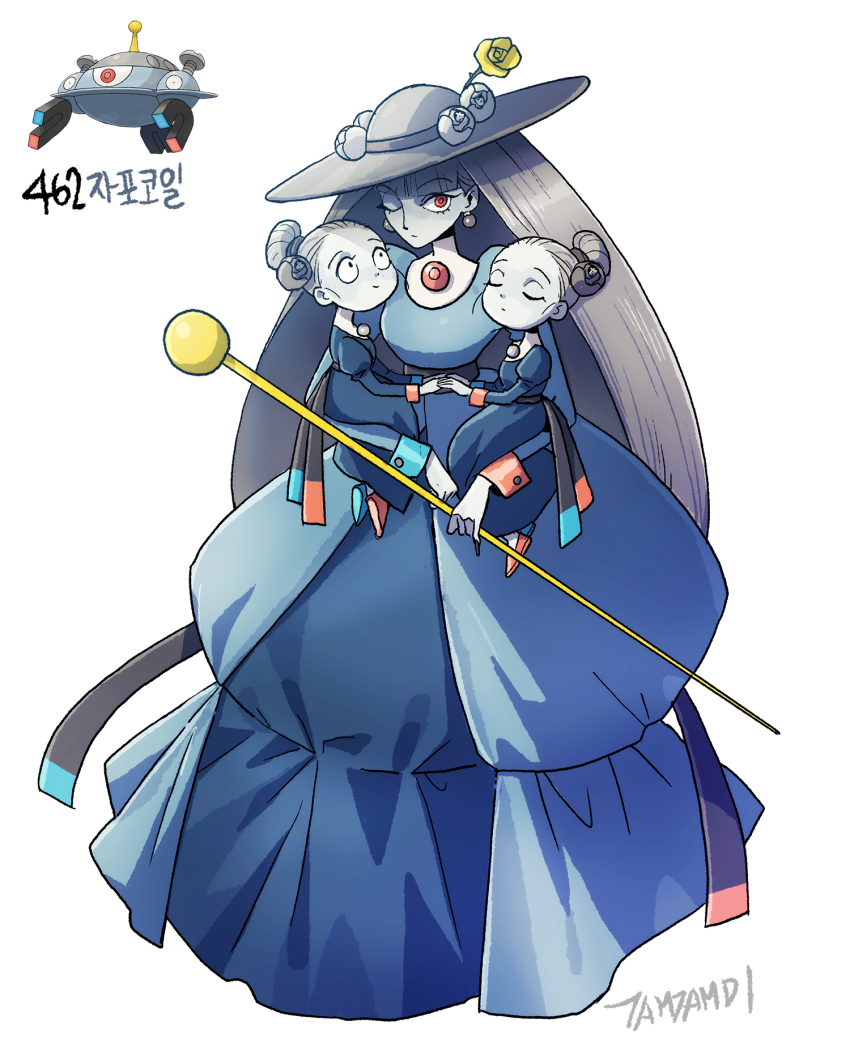 3girls blue_dress blunt_bangs brooch carrying carrying_person closed_eyes colored_skin dress earrings eyelashes full_body game_freak gen_4_pokemon grey_hair grey_hat grey_skin hat highres holding holding_scepter jewelry juliet_sleeves long_hair long_sleeves looking_at_viewer magnezone multiple_girls nintendo one_eye_closed pokemon pokemon_(creature) puffy_sleeves red_eyes reference_inset scepter short_hair simple_background smile tamtamdi translated very_long_hair white_background