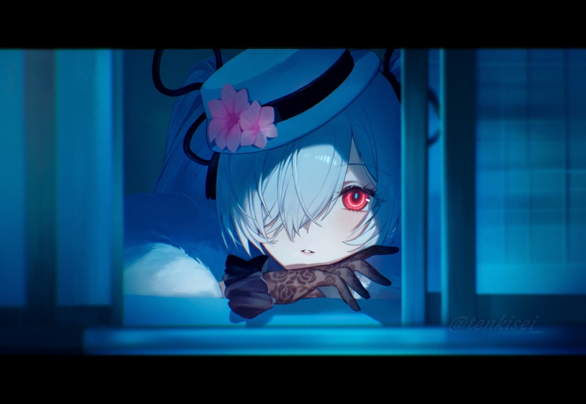 cinderella_(nikke) flower fur_trim gloves goddess_of_victory:_nikke hair_between_eyes hat hat_flower hat_ribbon head_on_hand head_tilt highres lace lace_gloves light_blush looking_through_window one_eye_covered open_mouth open_window red_eyes ribbon tenkisei twintails white_fur white_hair white_hat window