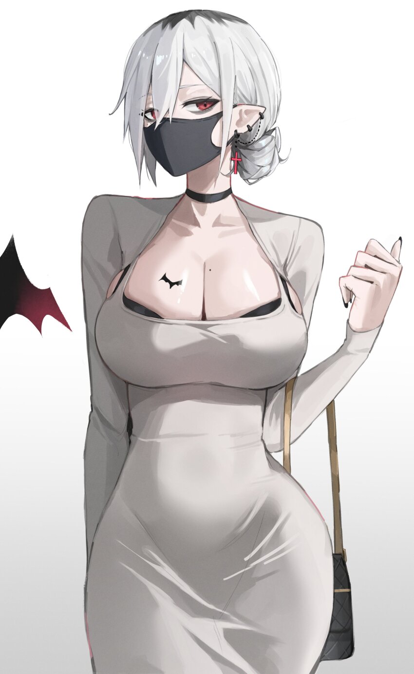 1girl absurdres arm_behind_back bag bat_tattoo black_bra black_choker black_hair black_mask bra bra_peek breast_tattoo breasts channyy19 choker cleavage commentary covered_mouth cowboy_shot cross cross_earrings demon_wings detached_wings dongtan_dress double-parted_bangs dress ear_chain ear_piercing earrings grey_dress grey_hair hair_between_eyes hair_bun hands_up highres jewelry large_breasts linked_piercing long_sleeves looking_at_viewer mask meme_attire mole mole_on_breast mole_under_eye mouth_mask multicolored_hair original piercing pointy_ears red_eyes riko_(channyy19) roots_(hair) shoulder_bag shrug_(clothing) simple_background single_hair_bun single_wing solo standing tattoo taut_clothes taut_dress tight_clothes tight_dress underwear white_background wings