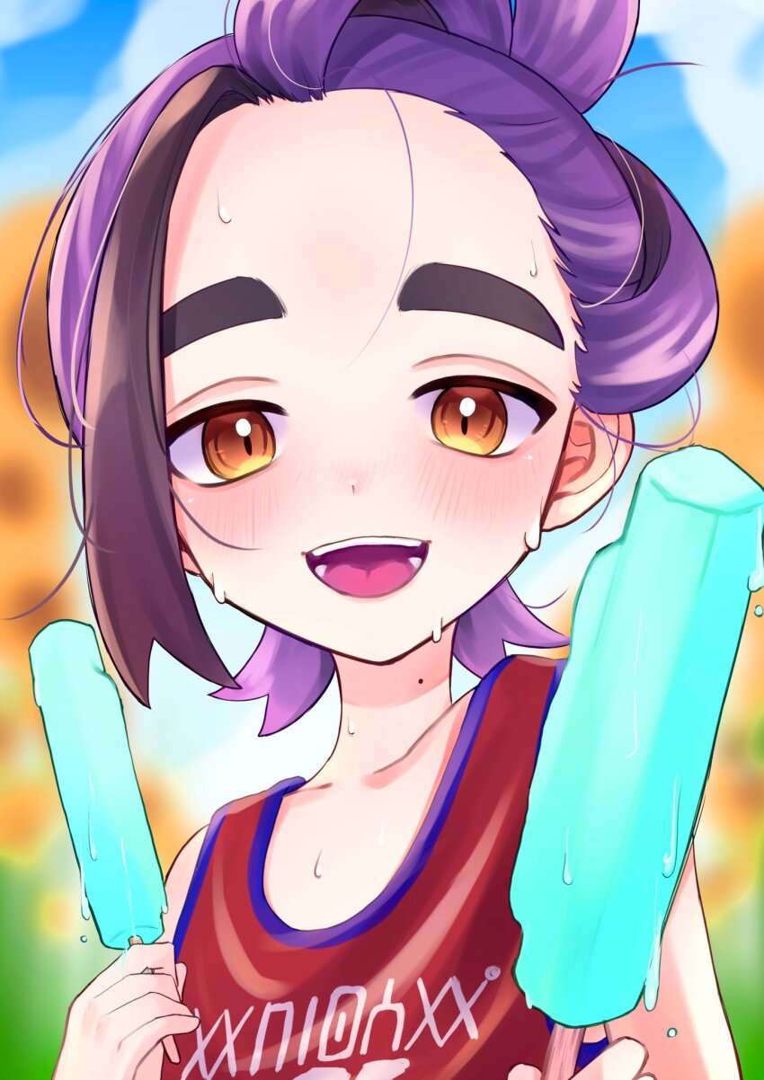 1boy :d blurry blurry_background blush collarbone commentary_request day food happy highres holding kieran_(pokemon) looking_at_viewer male_focus mole mole_on_neck multicolored_hair na8_8n nintendo open_mouth outdoors pokemon pokemon_sv popsicle purple_hair red_shirt shirt sleeveless sleeveless_shirt smile solo sweat teeth tongue two-tone_hair upper_body yellow_eyes