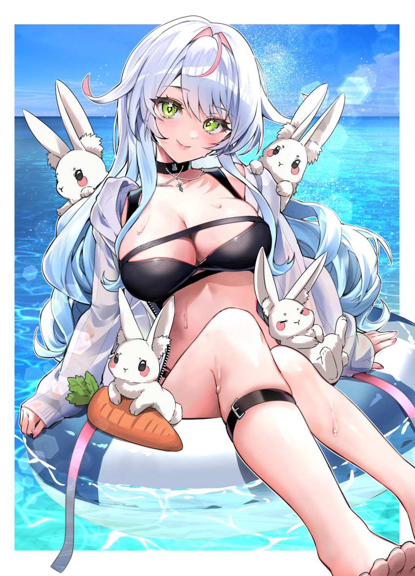 1girl absurdres barefoot bikini black_bikini black_choker breasts choker cleavage closed_mouth commission green_eyes highres indie_virtual_youtuber innertube jacket large_breasts leg_belt long_hair looking_at_viewer multicolored_hair ocean open_clothes open_jacket rabbit sitting skeb_commission smile solo streaked_hair swim_ring swimsuit tate_yukimi tsukimachi_towa very_long_hair virtual_youtuber water wet white_hair white_jacket