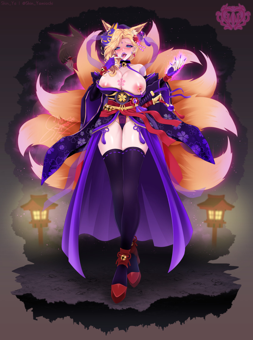 2girls absurdres akagi_(azur_lane) animal_ear_fluff animal_ears azur_lane bell black_thighhighs blonde_hair blue_eyes breasts commentary commission corruption dark_persona english_commentary extra_ears fingerless_gloves fingernails fox_ears fox_girl fox_mask fox_tail gloves glowing_tattoo highleg highleg_panties highres hood_(azur_lane) huge_breasts japanese_clothes jingle_bell kemonomimi_mode kimono kitsune large_breasts long_fingernails looking_at_viewer mask mask_on_head mixed-language_commentary multiple_girls multiple_tails neck_bell nipple_piercing nipple_rings nipples obi one_breast_out open_mouth panties piercing pixiv_commission pubic_tattoo pubic_tattoo_through_clothing purple_gloves purple_kimono purple_lips purple_nails purple_panties ribbon-trimmed_thighhighs ribbon_trim sash sharp_fingernails shin_yamiochi tail tattoo thighhighs tongue tongue_out underwear wide_sleeves