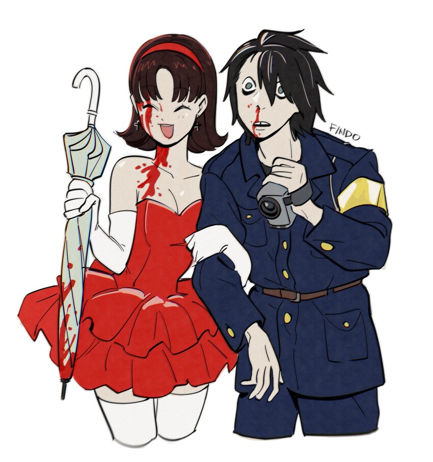 1boy 1girl absurdres amane_misa armband artist_name bare_shoulders black_hair blood blood_on_chest blood_on_face blue_jacket blue_pants breasts brown_hair camera cleavage closed_eyes cosplay cowboy_shot death_note dress elbow_gloves findoworld gloves grey_eyes hair_between_eyes hairband highres holding holding_another&#039;s_arm holding_camera holding_umbrella jacket kirigoe_mima kirigoe_mima_(cosplay) l_(death_note) medium_breasts no_eyebrows nosebleed open_mouth pants parted_bangs parted_lips perfect_blue red_dress red_hairband short_hair smile strapless strapless_dress thighhighs uchida_mamoru uchida_mamoru_(cosplay) umbrella video_camera white_background white_gloves white_thighhighs yellow_armband zettai_ryouiki