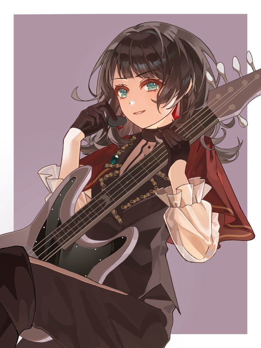 1girl 5-string_bass_guitar bang_dream! bang_dream!_it&#039;s_mygo!!!!! black_bow black_gloves black_hair black_pantyhose black_vest border bow capelet commentary bass_guitar gloves green_eyes hashtag-only_commentary highres holding holding_plectrum looking_at_viewer minon_(momoiminon0420) open_mouth outside_border pantyhose plectrum purple_background red_capelet simple_background solo thigh_strap timoris_(bang_dream!) vest white_border yahata_umiri