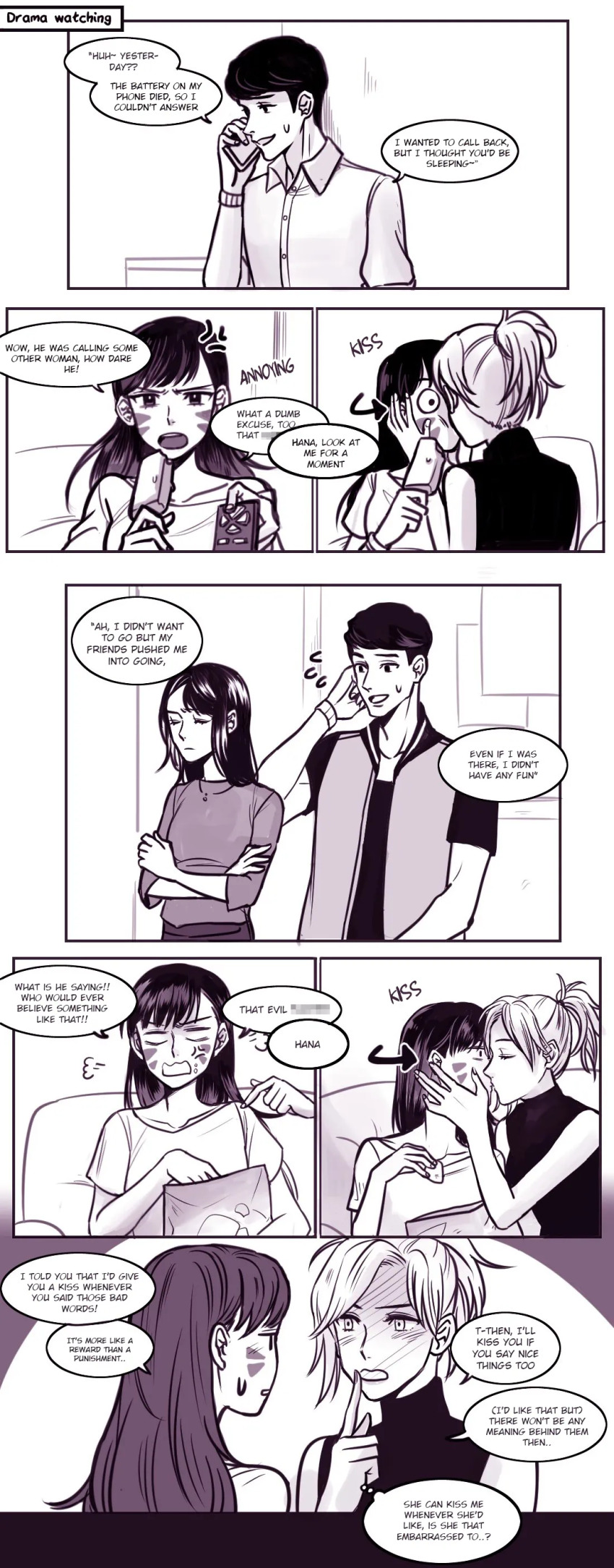 1boy 3girls absurdres anger_vein angry annoyed blush bosong_beoseot chips_(food) comic controller d.va_(overwatch) eating embarrassed english_text facial_mark food highres kiss long_hair mercy_(overwatch) multiple_girls overwatch overwatch_1 ponytail popsicle remote_control shy watching_television yuri