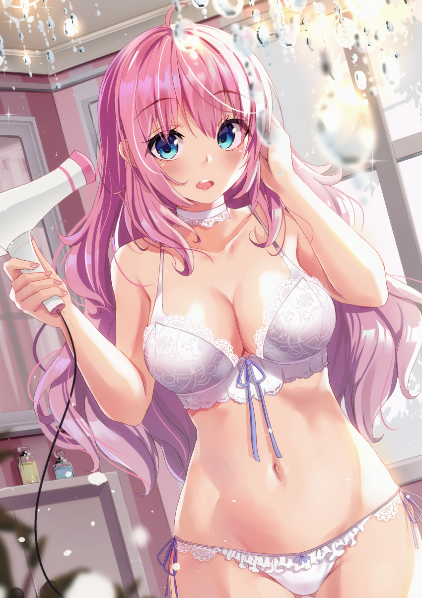 1girl absurdres ahoge bare_arms bare_shoulders blue_eyes bra breasts choker cleavage collarbone cowboy_shot groin hair_dryer hands_up highres holding holmemee large_breasts lingerie long_hair looking_at_viewer matching_underwear moe2021 navel open_mouth original panties pink_hair side-tie_panties solo stomach string_bra underwear underwear_only white_bra white_choker white_panties