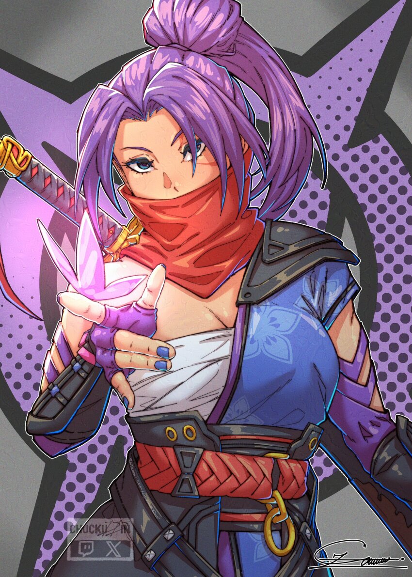 1girl breasts chuckuddin elbow_gloves gloves highleg highleg_leotard highres japanese_clothes large_breasts leotard long_hair looking_at_viewer marvel marvel_rivals psylocke psylocke_(sai) purple_eyes purple_hair sash solo superhero_costume sword thighhighs weapon x-men