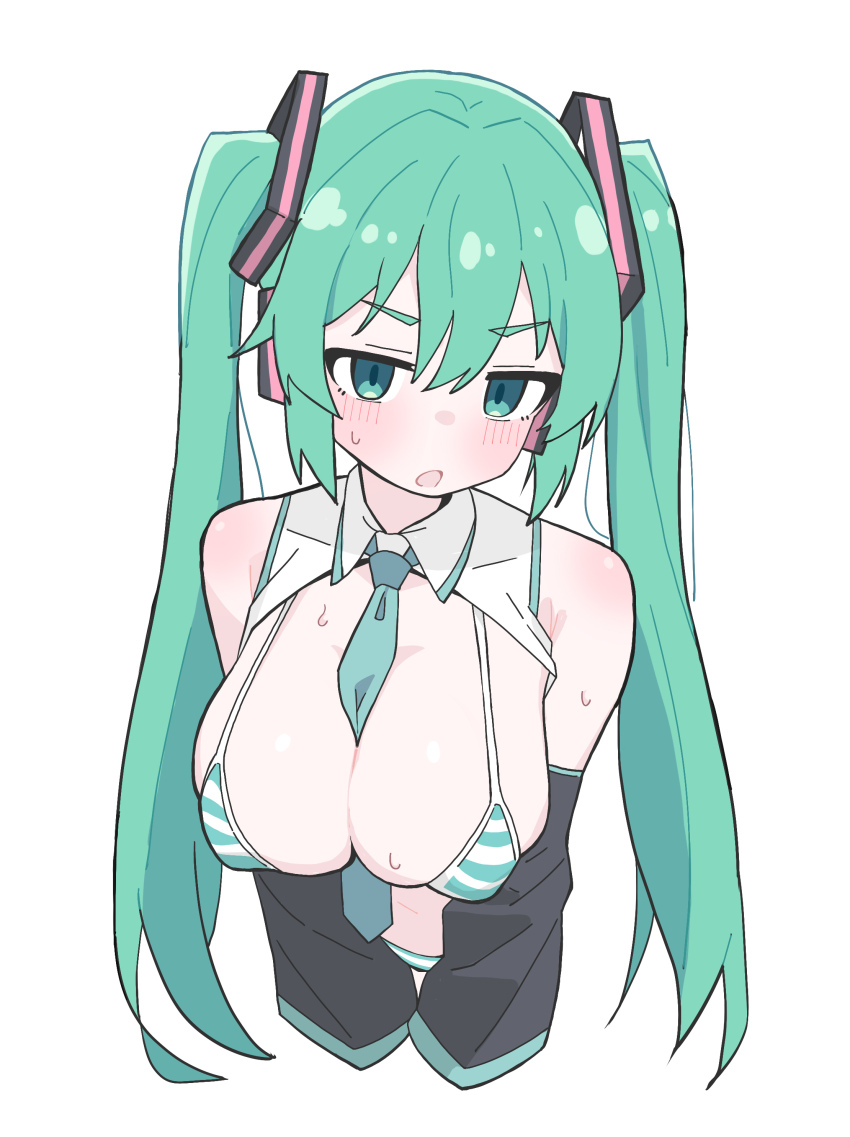 1girl absurdres alternate_breast_size aqua_eyes aqua_hair aqua_necktie bare_shoulders between_breasts bikini black_sleeves blush breasts commentary_request detached_sleeves hatsune_miku highres horizontal-striped_bikini large_breasts long_hair looking_at_viewer meme_attire micro_bikini miku_collar_bikini necktie necktie_between_breasts open_mouth solo spacecrab striped_bikini striped_clothes sweat swimsuit twintails upper_body vocaloid