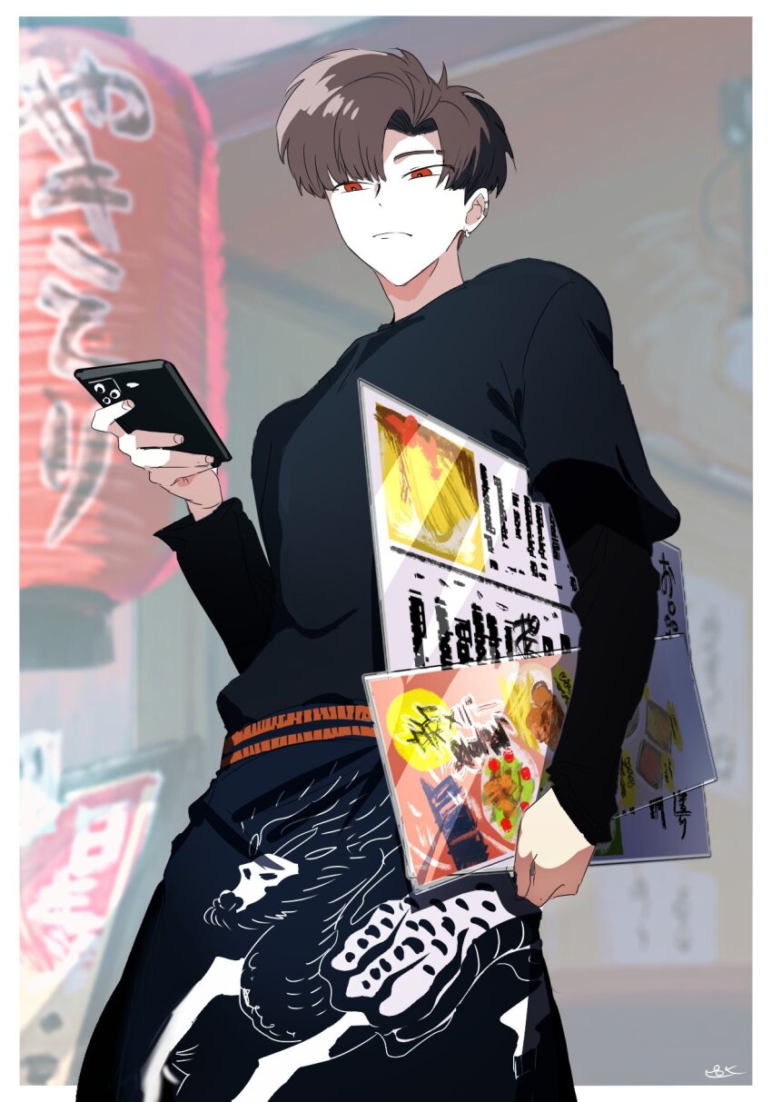 1boy alternate_costume apron black_shirt blue_apron border brown_hair cellphone closed_mouth earrings eyebrow_cut fate/grand_order fate_(series) highres holding holding_menu holding_phone jewelry lantern layered_sleeves long_sleeves male_focus menu paper_lantern phone pirohi_(pirohi214) print_apron red_eyes shirt short_hair short_over_long_sleeves short_sleeves smartphone solo takasugi_shinsaku_(fate) takasugi_shinsaku_(first_ascension)_(fate) white_border