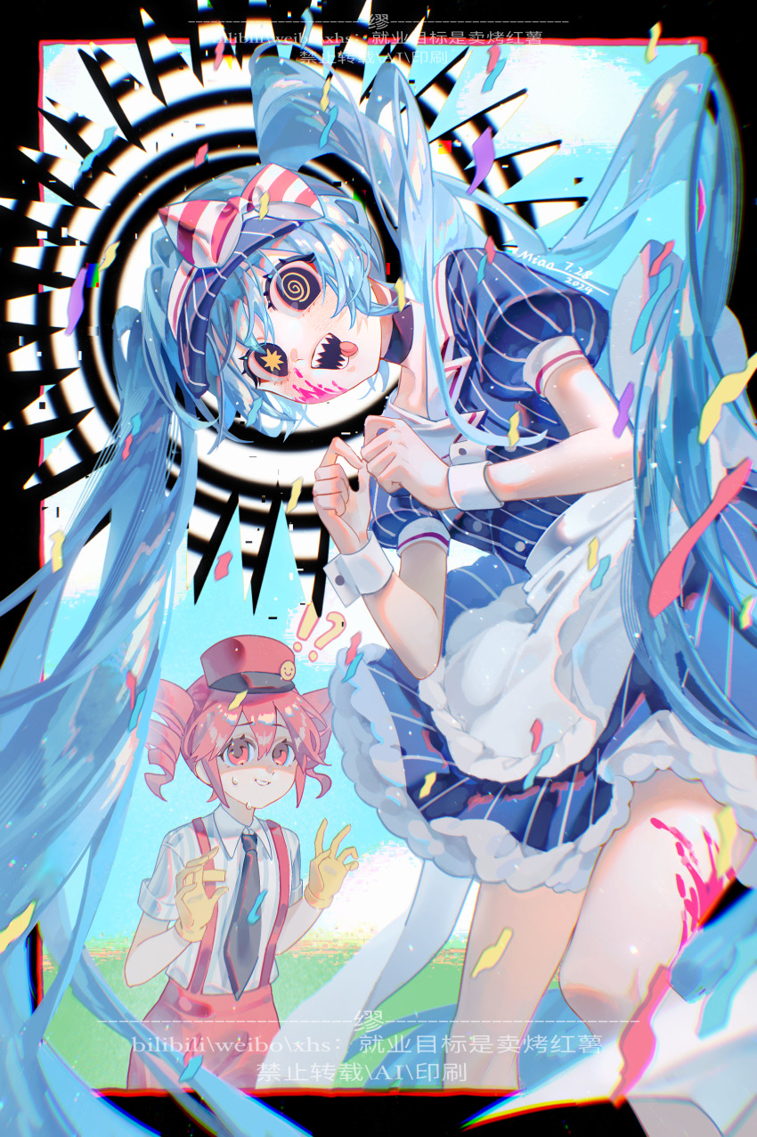 2girls @_@ absurdres apron blue_dress blue_hair blue_necktie bow chromatic_aberration commentary_request dress drill_hair gloves hair_bow hat hatsune_miku highres jiuye_mubiao_shi_mai_kao_hongshu kasane_teto kasane_teto_(utau) long_hair looking_at_viewer mesmerizer_(vocaloid) multiple_girls necktie open_mouth pink_eyes pink_hair puffy_short_sleeves puffy_sleeves red_eyes shirt short_sleeves smile suspenders teeth twin_drills twintails utau very_long_hair vocaloid