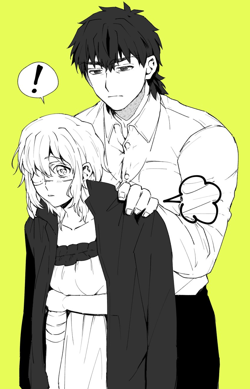 ! 1boy 1girl absurdres bandages claudia_hortensia creat_(kuribeni) dress eyepatch fate/stay_night fate_(series) hands_on_another&#039;s_shoulders highres husband_and_wife jacket jacket_on_shoulders kotomine_kirei monochrome simple_background surprised yellow_background