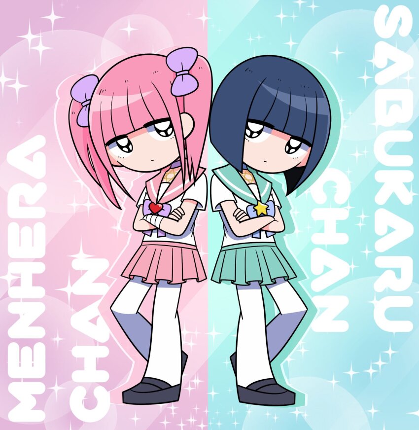 2girls aqua_sailor_collar aqua_skirt bandaged_arm bandages black_eyes black_footwear blue_background blue_choker blue_hair blunt_bangs bob_cut bow character_name choker closed_mouth crossed_arms dark_blue_hair expressionless ezaki_bisuko heart hexagram highres jitome looking_at_viewer medium_hair menhera-chan_(ezaki_bisuko) menhera-chan_(ezaki_bisuko)_(character) multiple_girls outline pantyhose pink_background pink_hair pink_sailor_collar pink_skirt pleated_skirt purple_bow purple_choker sabukaru-chan_(ezaki_bisuko) sailor_collar school_uniform serafuku short_hair short_sleeves short_twintails sidelocks skirt standing star_of_david twintails white_pantyhose white_serafuku