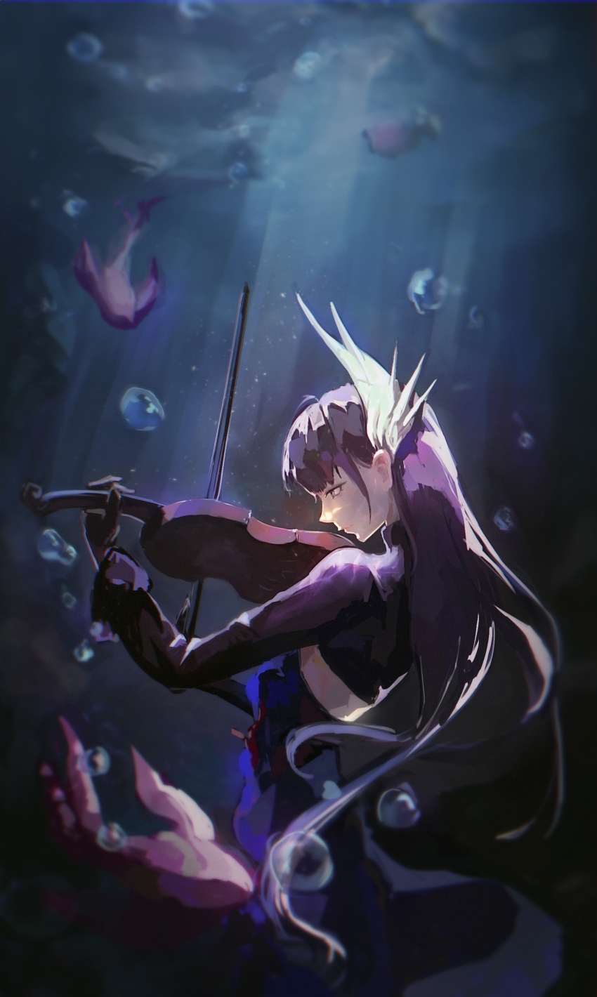 1girl absurdres blue_dress bow_(music) bubble commentary dress fish hair_ornament highres holding holding_bow_(music) holding_instrument holding_violin honkai:_star_rail honkai_(series) hysilens_(honkai:_star_rail) instrument long_hair music playing_instrument purple_hair ruo_(ruooqq) solo underwater violin
