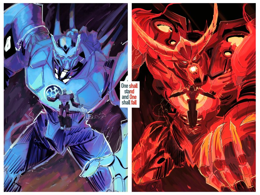 absurdres blue_lantern commentary crossover dc_comics english_commentary english_text extra_eyes floating green_lantern_(series) head_tilt highres horns mecha megatron open_mouth optimus_prime primus_(transformers) primusibi red_lantern robot science_fiction t-pose transformers unicron v-fin