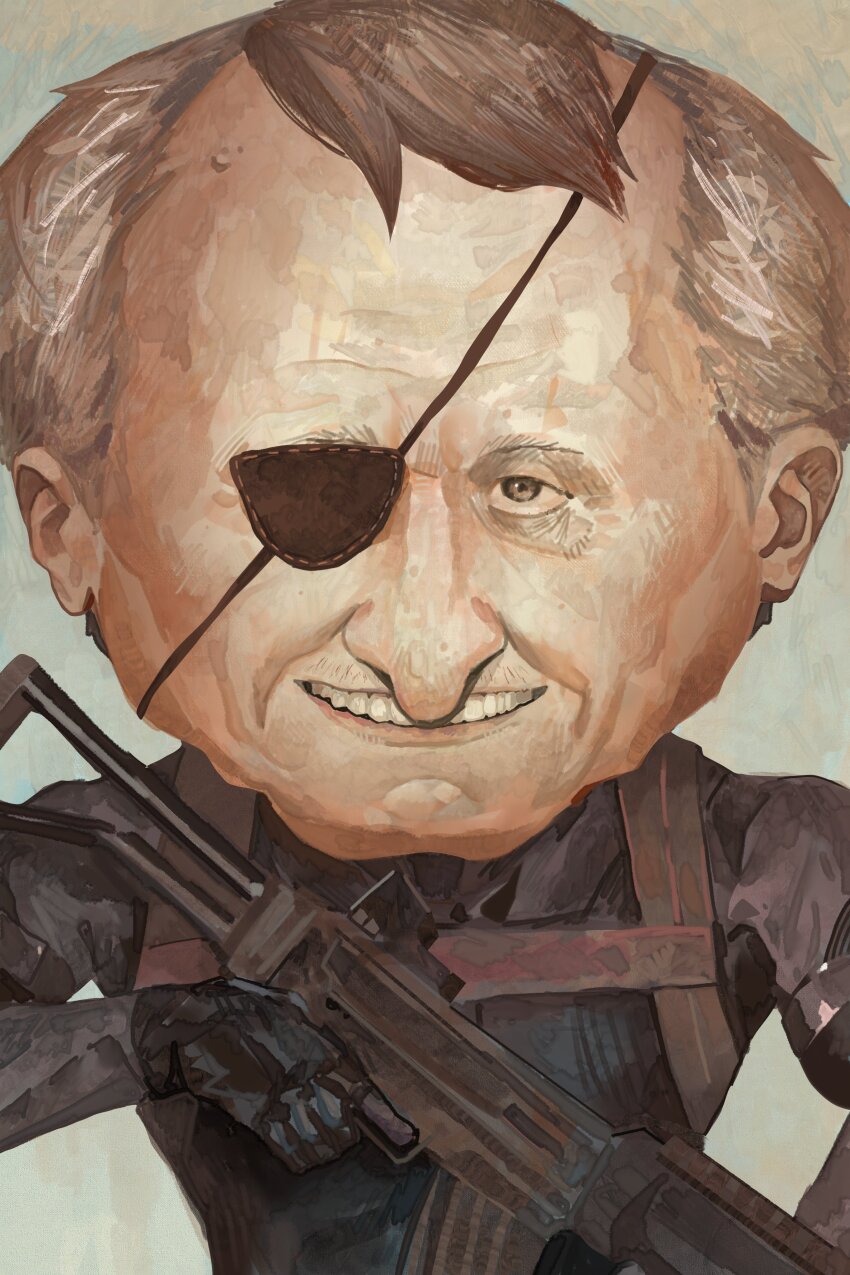 1boy absurdres assault_rifle balding big_boss big_boss_(cosplay) big_nose black_bodysuit black_gloves bodysuit brown_eyes chest_harness cosplay eyepatch gloves grey_background grey_hair grin gun harness highres holding holding_gun holding_weapon looking_at_viewer male_focus metal_gear_(series) name_connection rifle short_hair simple_background smile smiling_friends solo subakeye the_boss_(smiling_friends) upper_body very_short_hair weapon
