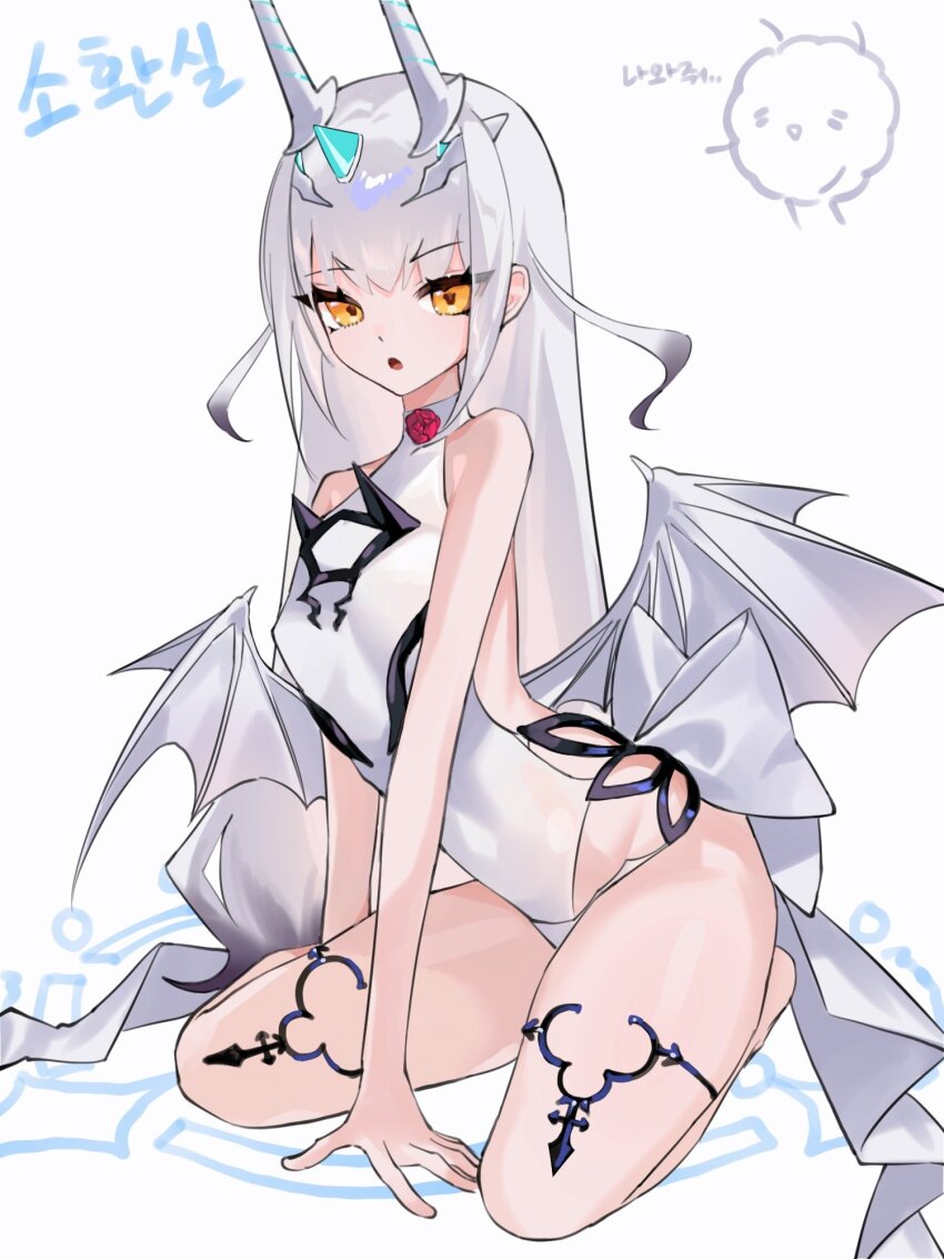 1girl :o breasts dragon_wings fate/grand_order fate_(series) highres horns long_hair low_wings melusine_(fate) melusine_(swimsuit_ruler)_(fate) melusine_(swimsuit_ruler)_(second_ascension)_(fate) one-piece_swimsuit open_mouth seiza siho_is_alien sitting small_breasts solo swimsuit white_background white_hair white_one-piece_swimsuit wings yellow_eyes