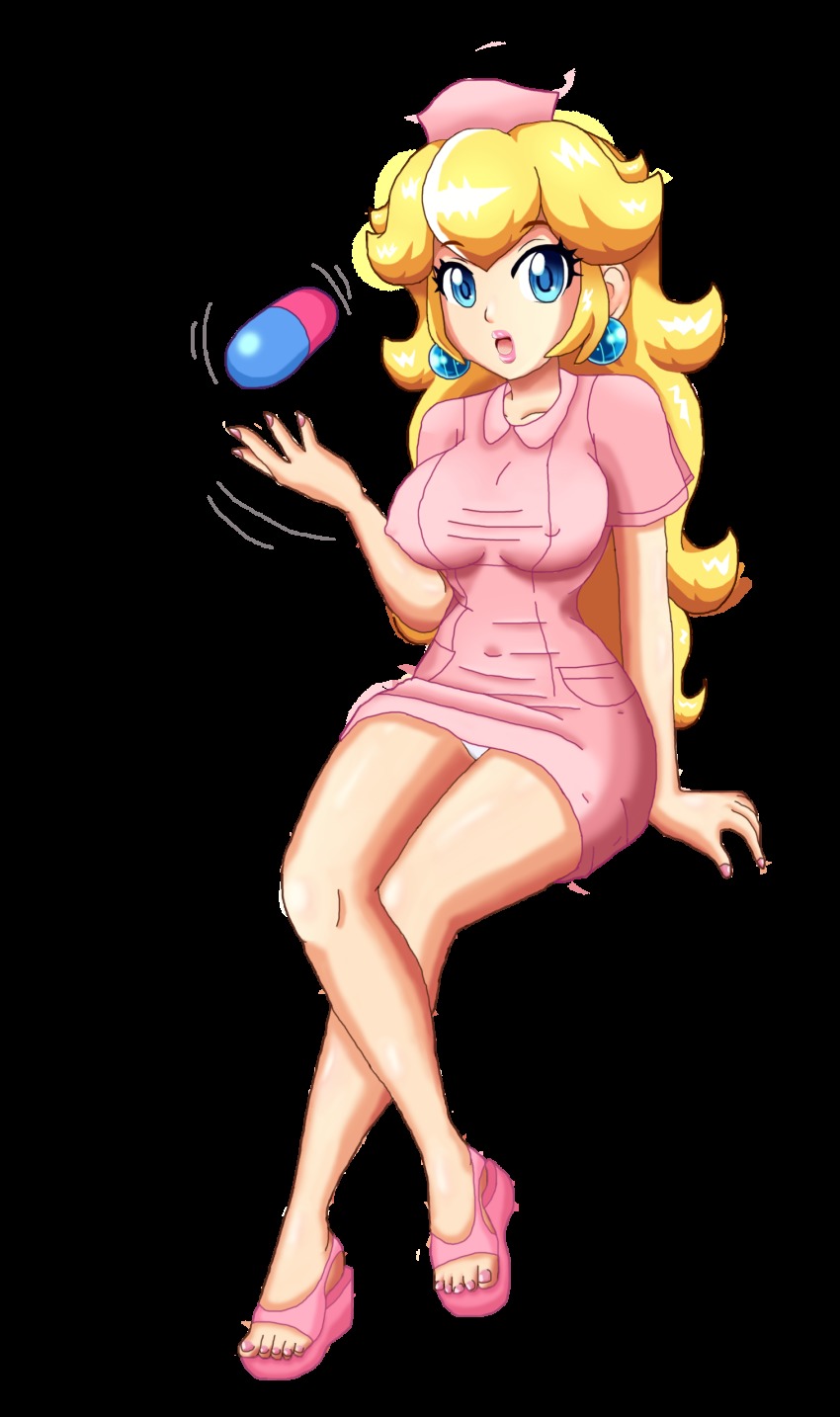 absurdres blonde_hair blue_eyes earrings highres jewelry lips nail_polish nurse panties pill princess_peach sandals sigurd_hosenfeld third-party_edit transparent underwear