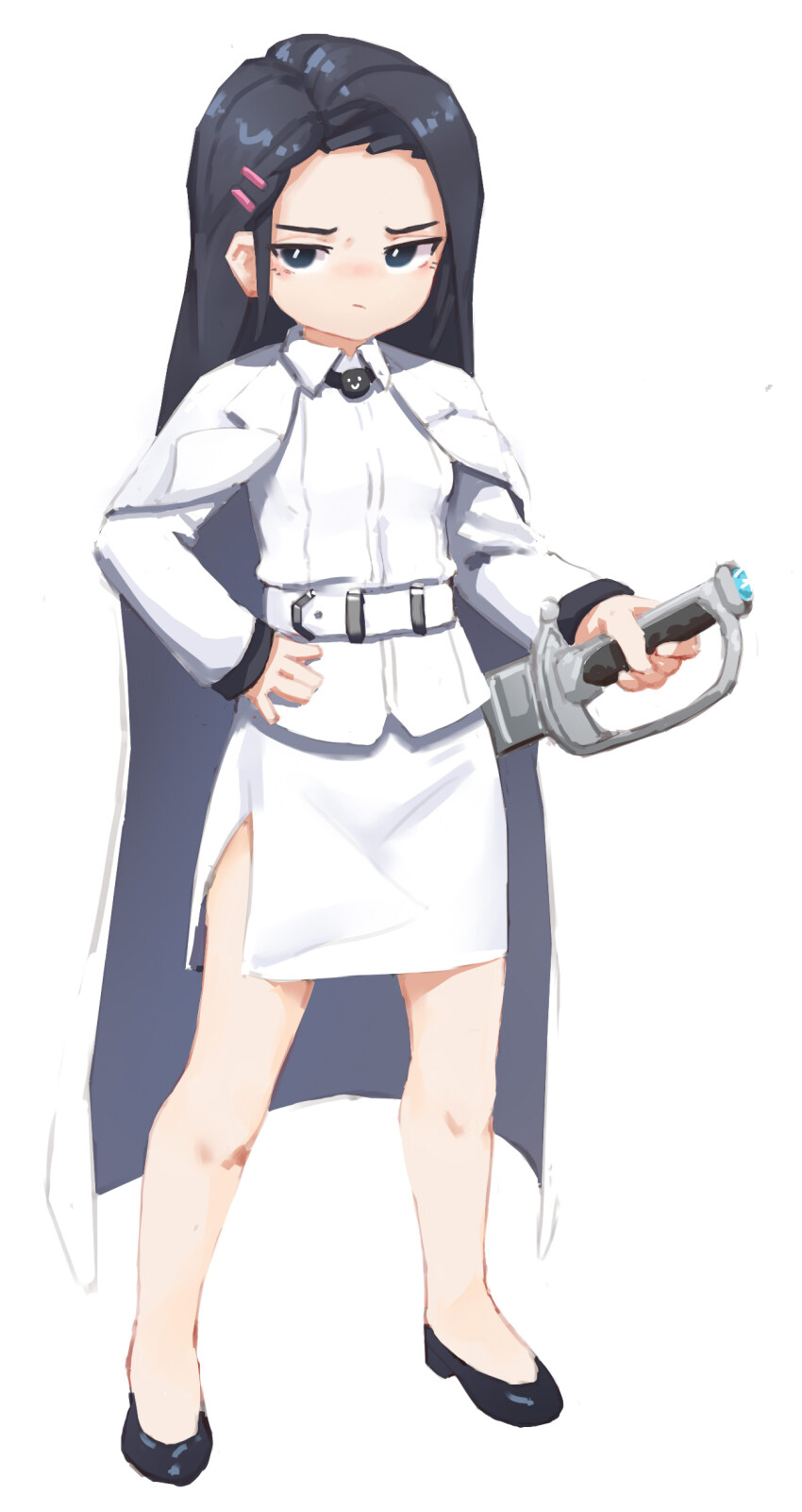 1girl absurdres aged_down bare_legs belt black_eyes black_footwear black_hair blue_gemstone breasts cape closed_mouth commentary flats full_body gem greentree hair_ornament hairclip hand_on_hilt hand_on_own_hip highres invincible_dragon_(last_origin) jacket last_origin long_hair long_sleeves looking_at_viewer pencil_skirt petite sheath sheathed side_slit simple_background skirt small_breasts solo standing sword tachi-e weapon white_background white_belt white_cape white_jacket white_skirt