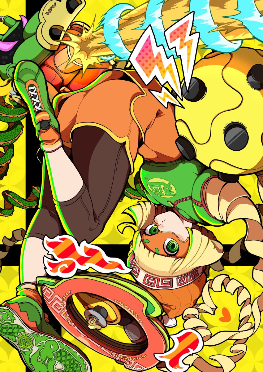 1girl absurdres arms_(game) beanie blonde_hair bob_cut dragon_(arms) eye_mask fire green_eyes green_shoes hat highres laser megawatt_(arms) min_min_(arms) mugiten orange_shorts ramram_(arms) shoes short_hair shorts sneakers solo upside-down