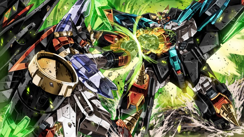 absurdres clenched_hands drill electricity fighting gaofighgar gaogaigar garimpeiro ground_shatter highres holding_hands looking_down mecha mecha_focus no_humans orange_eyes robot science_fiction v-fin yuusha_ou_gaogaigar yuusha_ou_gaogaigar_final yuusha_series
