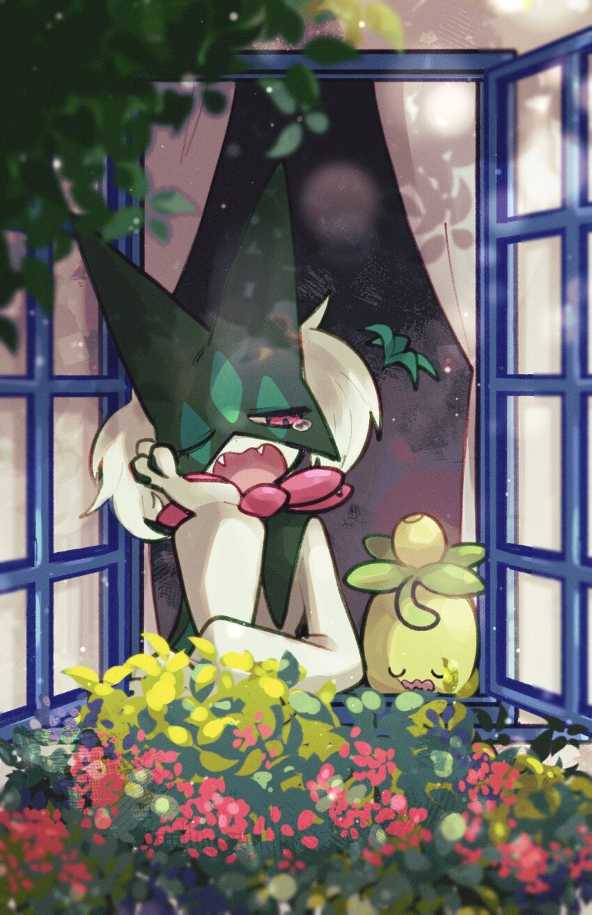 closed_mouth commentary_request curtains fang floating floating_object flower furry green_fur hand_on_own_cheek hand_on_own_face head_rest highres leaf leaning_forward leaning_out_of_window looking_at_another mask meowscarada nintendo olive one_eye_closed open_mouth open_window outdoors pawpads plant pokemon pokemon_(creature) potted_plant red_eyes red_flower sleeping sleepy smoliv sstoh tears teeth tongue wavy_mouth window yawning yellow_flower