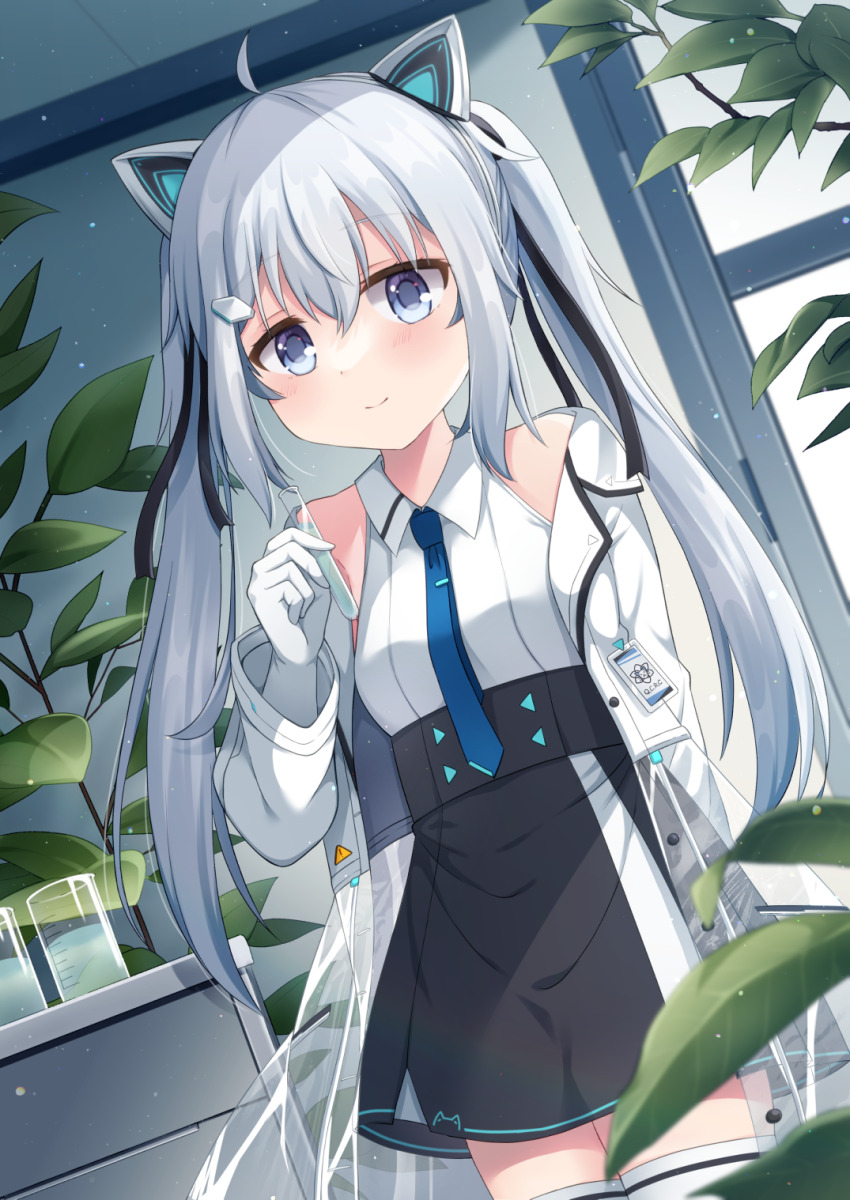 1girl ahoge animal_ears bare_shoulders black_skirt blue_eyes blue_hair blue_necktie blush cat_ears closed_mouth collared_shirt dutch_angle fake_animal_ears gloves grey_hair hair_between_eyes hair_ornament highres holding id_card indoors jacket long_hair long_sleeves looking_at_viewer necktie off_shoulder open_clothes open_jacket plant sapphie_(jewelpet) sapphy_(vrchat) shirt skirt sleeveless sleeveless_shirt smile solo thighhighs triangle_hair_ornament twintails vrchat white_gloves white_jacket white_shirt white_thighhighs window wing_hair_ornament yukino_(weem4554)