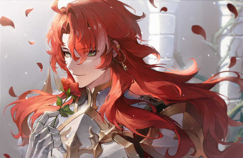 1boy argenti_(honkai:_star_rail) armor blurry blurry_background closed_mouth commentary ear_chain earrings falling_petals flower full_armor green_eyes hair_between_eyes highres holding holding_flower honkai:_star_rail honkai_(series) jewelry light_particles long_hair looking_at_viewer male_focus petals portrait red_flower red_hair red_petals red_rose rose smile solo sunlight ven0305 white_armor