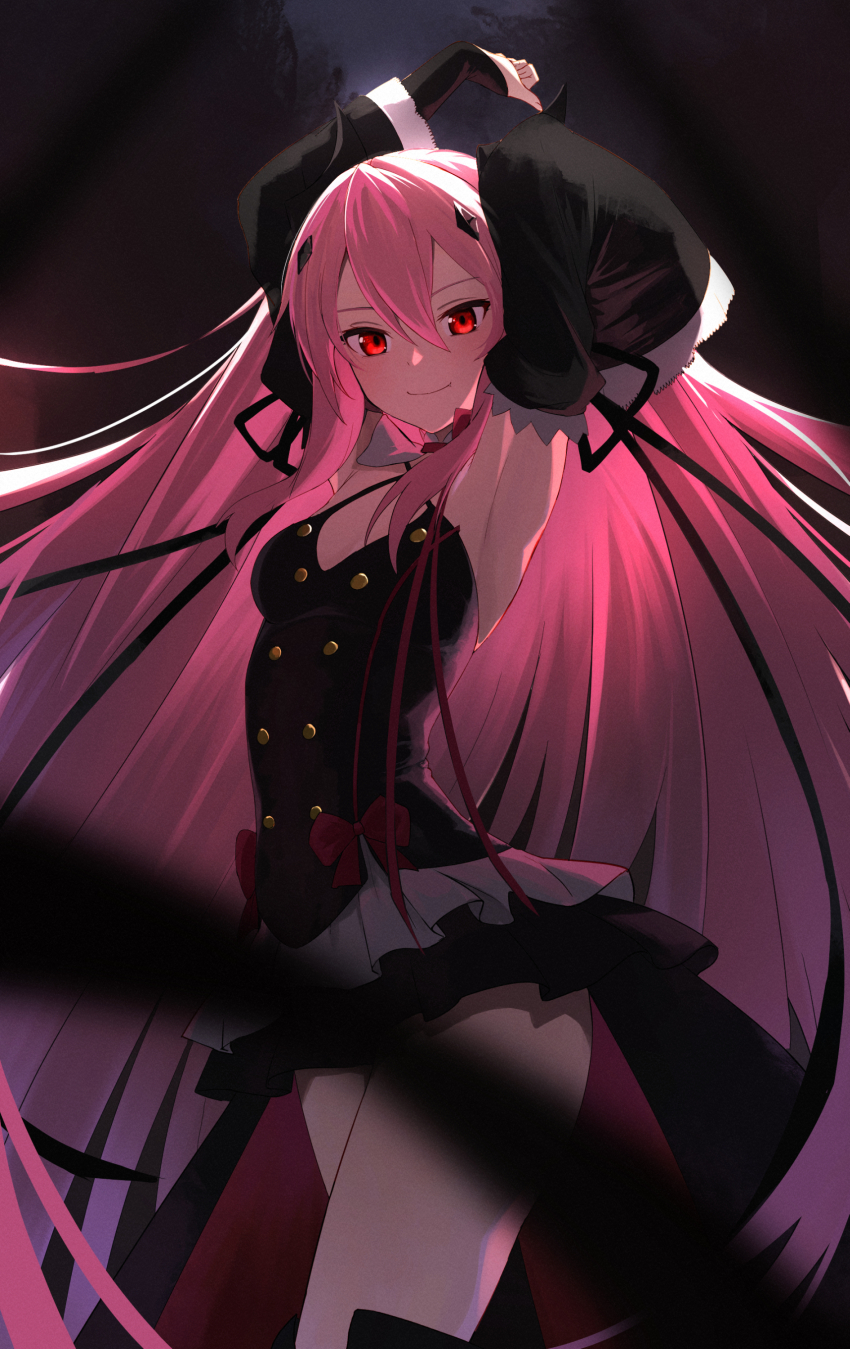 1girl absurdres armpits black_dress black_ribbon breasts closed_mouth commentary cowboy_shot criss-cross_halter detached_sleeves dress frills furai_sen halterneck highres krul_tepes long_hair owari_no_seraph pink_hair red_eyes ribbon small_breasts smile solo very_long_hair