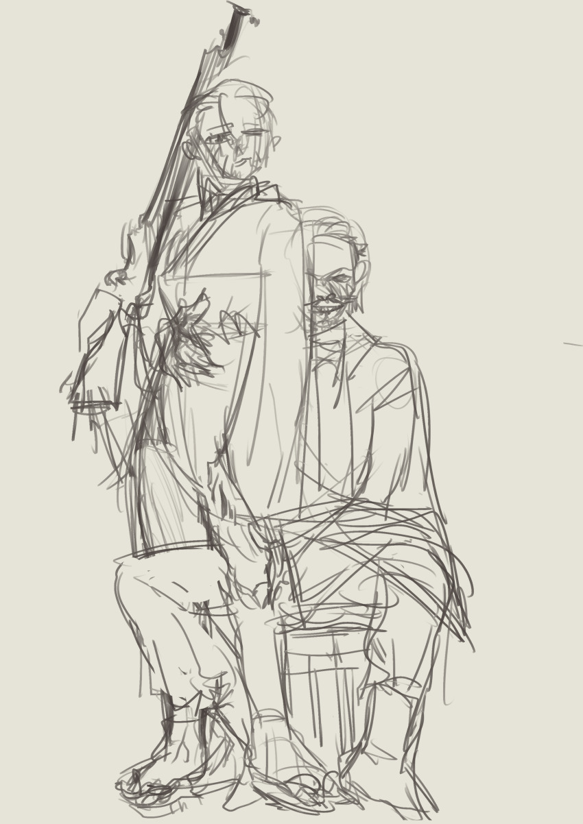 absurdres facial_hair golden_kamuy highres holding imperial_japanese_army long_sleeves looking_at_viewer military_uniform mustache non-web_source ogata_hyakunosuke tsurumi_tokushirou weapon