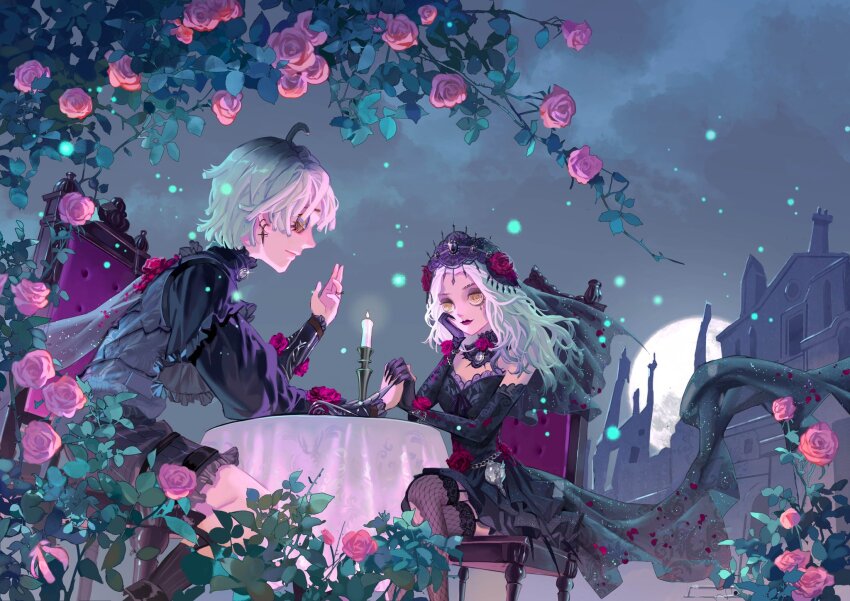 1boy 1girl ada_mesmer ada_mesmer_(everlasting_night) ahoge arm_on_table bare_shoulders black_cape black_collar black_dress black_eyeshadow black_gloves black_hair black_hairband black_shirt black_shorts black_socks black_thighhighs black_veil bush button_eyes buttons candle candlestand cape chair character_request closed_mouth cloud cloudy_sky collar collared_shirt colored_tips couple dating diamond_facial_mark dress elbow_gloves elbow_on_table emil_(identity_v) emil_(luminary)_(identity_v) eyeshadow facial_mark feet_out_of_frame fire fishnet_thighhighs fishnets floating_clothes flower frilled_shirt_collar frilled_shorts frilled_sleeves frills full_moon gloves gradient_hair grey_vest hair_flower hair_ornament hairband hand_on_own_cheek hand_on_own_face hetero high_collar highres holding_hands identity_v interlocked_fingers iyzlime jewelry kneehighs lace lace-trimmed_dress lace-trimmed_gloves lace_hairband lace_trim layered_sleeves lipstick long_dress long_hair long_sleeves looking_at_another makeup mansion marking_on_cheek moon multicolored_hair neck_flower night night_sky on_chair outdoors outstretched_hand pink_flower pink_rose red_flower red_lips red_rose ribbed_legwear ring rose ruins shirt short_over_long_sleeves short_sleeves shorts sitting sky smile socks strapless strapless_dress striped_clothes striped_socks thighhighs torn_clothes torn_thighhighs train_(clothing) veil vertical-striped_clothes vertical-striped_socks vest white_background yellow_eyes