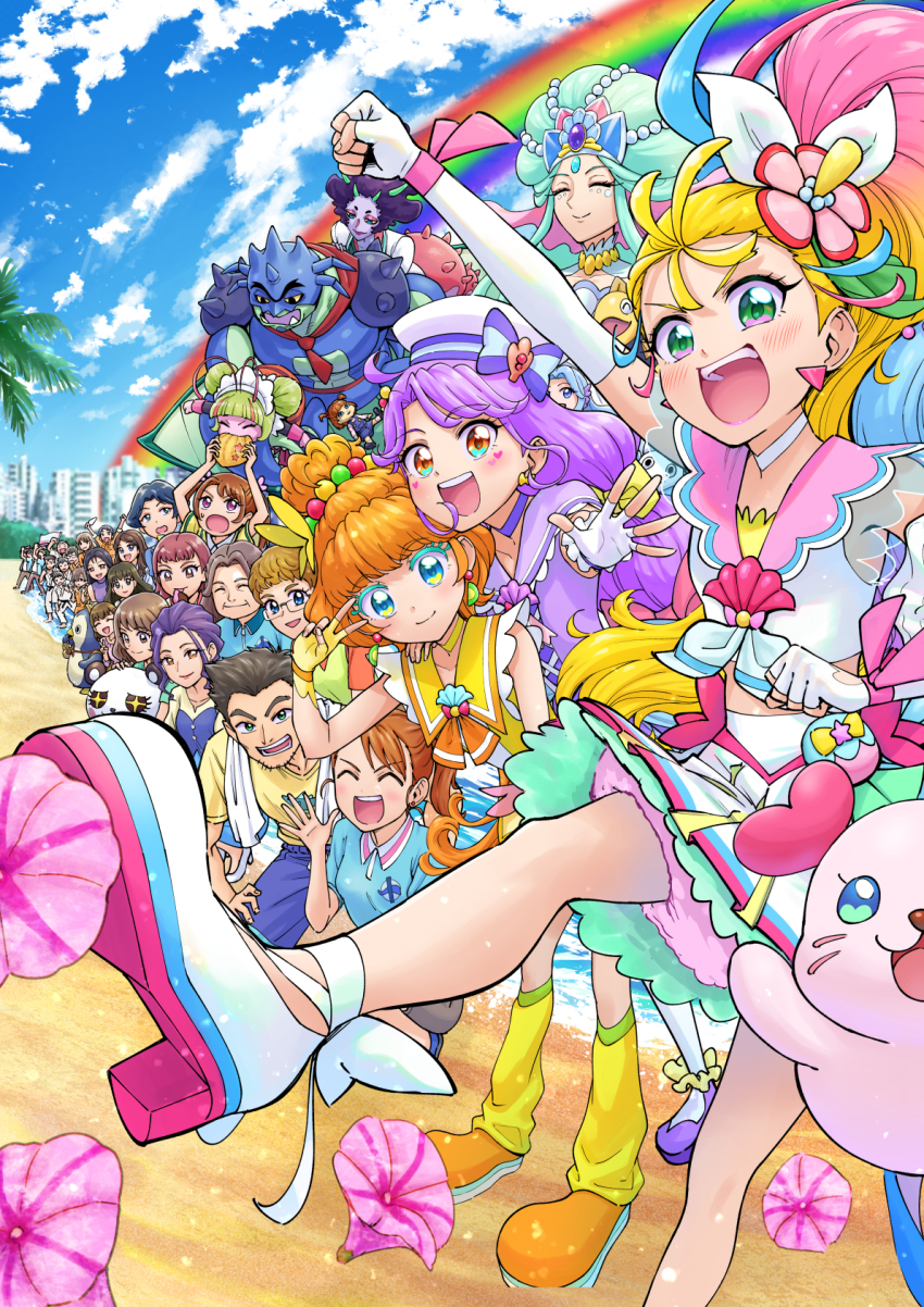 6+boys 6+girls :d arm_up arms_up beach blonde_hair blue_bow blue_hair blue_sky blurry blurry_background bow building butterfly_hat_ornament character_request choker chongire clenched_hands closed_eyes closed_mouth cloud cloudy_sky colored_eyelashes commentary crown cure_coral cure_papaya cure_summer day depth_of_field doll dress earrings eating elbow_gloves elda_(precure) facial_mark father_and_daughter fingerless_gloves fish flower food_theft foreshortening glasses gloves gradient_hair green_hair hair_bow hair_flower hair_ornament hair_pulled_back hair_ribbon hand_on_another&#039;s_shoulder hat hat_ornament heart hibiscus highres ichinose_minori itou_shin&#039;ichi jewelry kneehighs kururun_(precure) leaning_forward leg_up long_hair looking_at_another looking_at_viewer low-tied_long_hair low_twintails magical_girl mermaid_queen_(precure) miniskirt mother_and_daughter multicolored_eyes multicolored_hair multiple_boys multiple_girls natsuumi_aoi natsuumi_manatsu natsuumi_taiyou neckerchief numeri_(precure) open_mouth orange_eyes orange_neckerchief outdoors palm_tree pink_hair pink_sailor_collar pleated_skirt pouch precure purple_choker purple_dress purple_footwear purple_hair purple_sailor_collar rainbow raised_fist rectangular_eyewear ribbon sailor_collar sailor_hat shell_brooch shoes short_hair side_ponytail skirt sky sleeveless sleeveless_dress smile socks squatting standing standing_on_one_leg suzumura_miyuki suzumura_sango textless_version towel towel_around_neck tree triangle_earrings tropical-rouge!_precure twintails v v_over_eye waving white_footwear white_gloves white_headwear white_neckerchief white_ribbon white_skirt white_socks yellow_bow yellow_choker yellow_dress yellow_gloves yellow_sailor_collar yellow_shoes yellow_socks