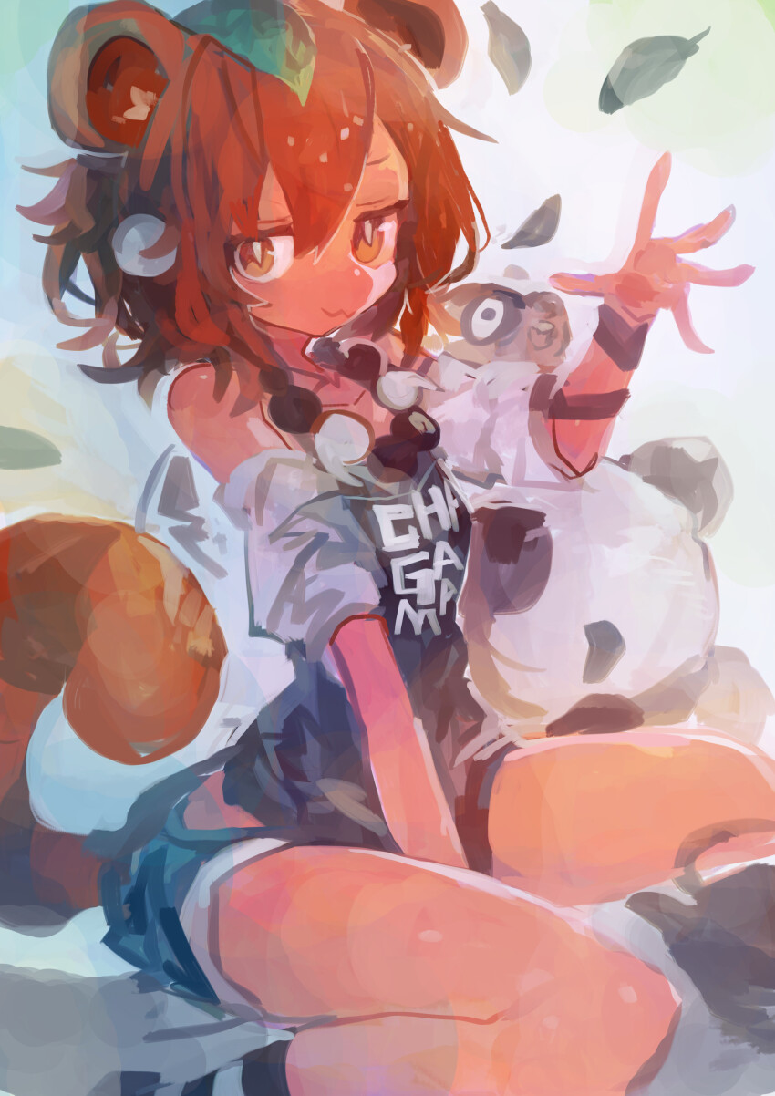 1girl :3 absurdres animal animal_ears bare_shoulders brown_eyes brown_hair clothes_writing commentary_request hair_between_eyes highres jewelry kaamin_(mariarose753) leaf leaf_on_head looking_at_viewer necklace original raccoon_ears raccoon_girl raccoon_tail shirt short_hair shorts simple_background sitting socks solo striped_clothes striped_socks tail